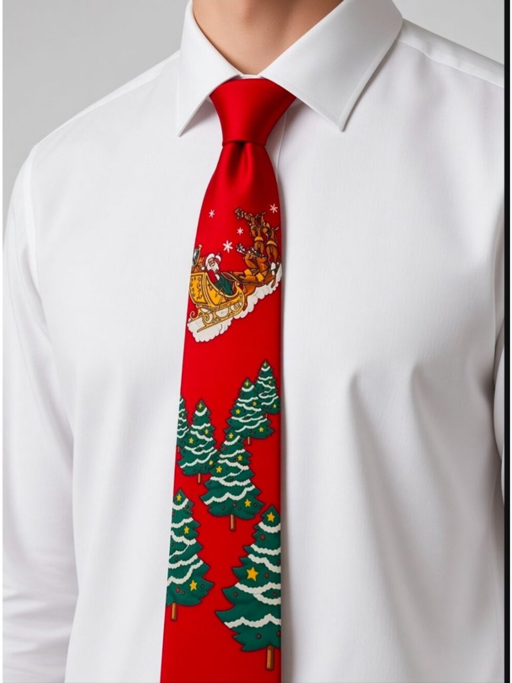 Santa Sleigh & Christmas Tree Red Novelty Tie Festive Holiday Design